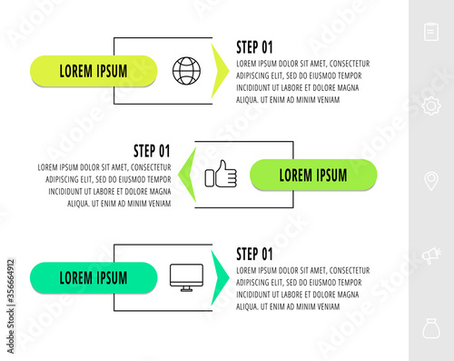 Vector infographics design template with arrows. Three steps. Modern line concept can be used for diagram, workflow layout, presentations, chart, info graph, timeline, content. Data visualization.