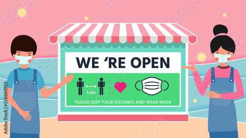 Relaxed color concept,business sign that says"we are open", after Coronavirus lockdown and restart business in normal operation,after peak of Coronavirus COVID-19 outbreak, pink/rosy cheek character
