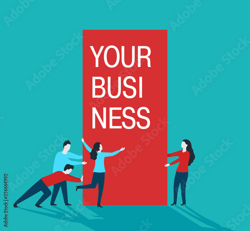 Business management concept - people (project managers) dragging big banner with sample text