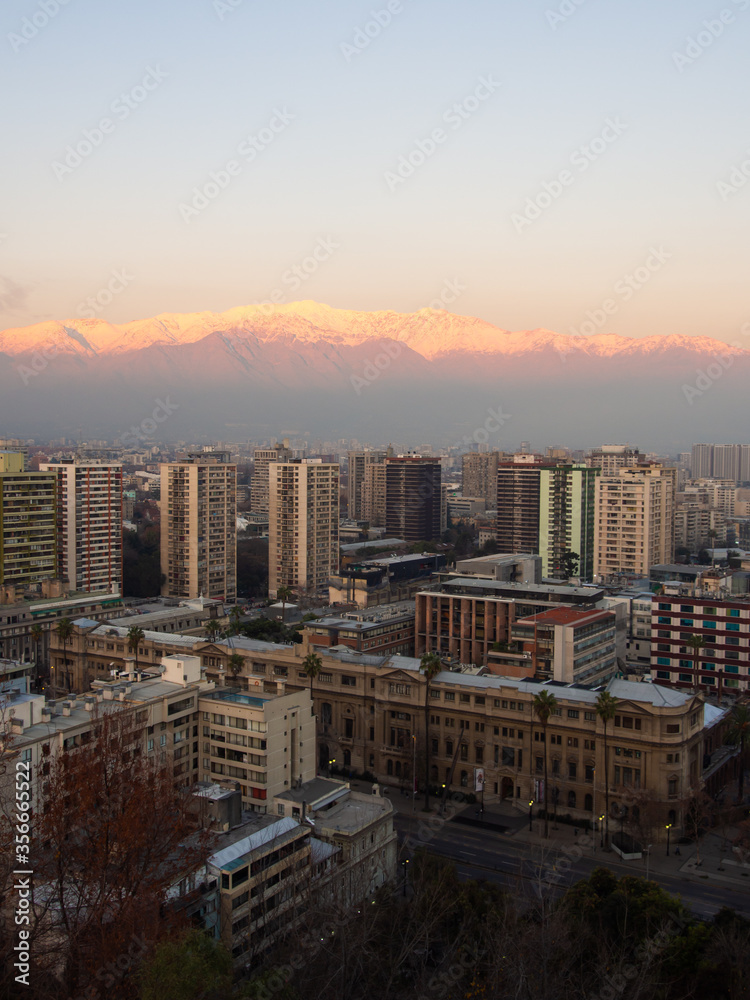 Sunset over Santiago de Chile and the Andean Mountains, Chile