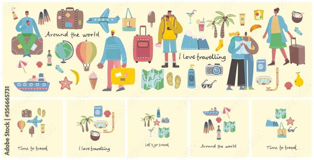Big bundle of travel and summer holiday related objects and icons. For use on poster, banner, card and pattern collages.