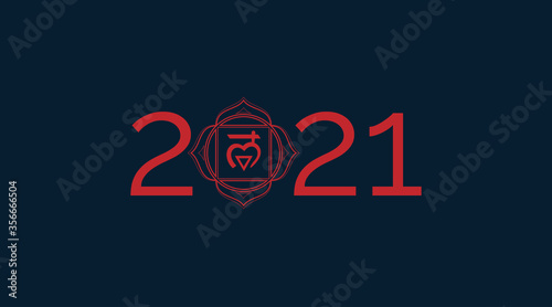 2021. Red christmas vector background with chakra symbol Muladhara. Happy new year. Sacral lotus sign. Yoga sacred art