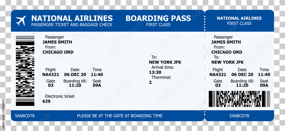 Boarding pass template with sample text and qr code. Air travel concept for travel design or business meetings. Vector paper boarding pass with tear line on transparent background. - obrazy, fototapety, plakaty 