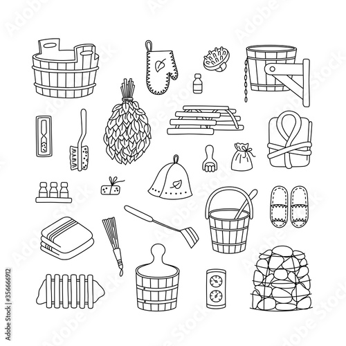 Sauna accessories - washer, broom, tub, bucket, towel and other. Bath accessories made of wood. Set of hand drawn objects. Vector illustration in doodle style on white background