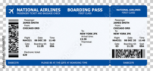Boarding pass template with sample text and qr code. Air travel concept for travel design or business meetings. Vector paper boarding pass with tear line on transparent background. photo