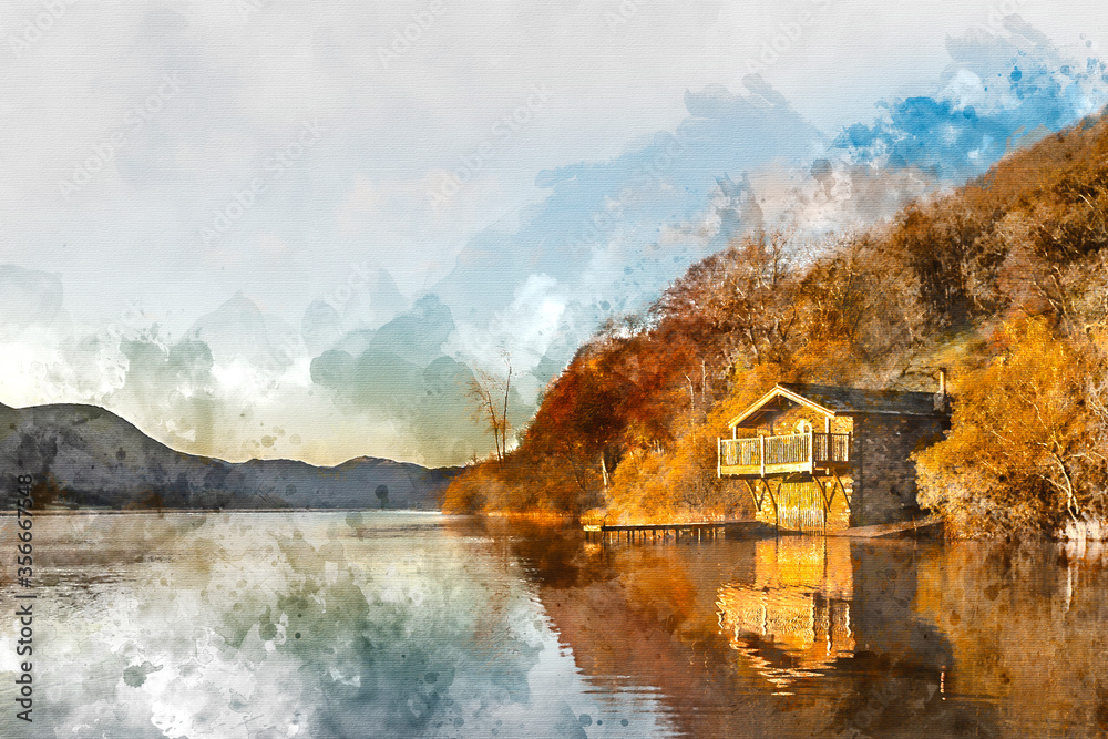Fototapeta premium Digital watercolour painting of Epic vibrant sunrise Autumn Fall landscape image of Ullswater in Lake District with golden sunlight