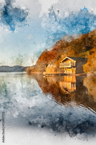 Digital watercolour painting of Epic vibrant sunrise Autumn Fall landscape image of Ullswater in Lake District with golden sunlight