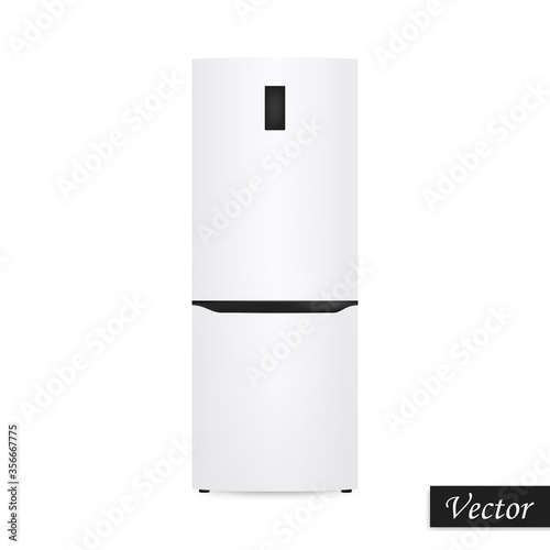 Refrigerator isolated on white background. Realistic icon white frige.  Vector illustration 3D. Design element.