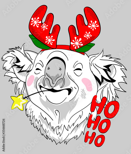 Funny koala in deer horns Christmas. Ho ho ho - lettering quote. New year Card, t-shirt composition, hand drawn style print. Vector illustration.