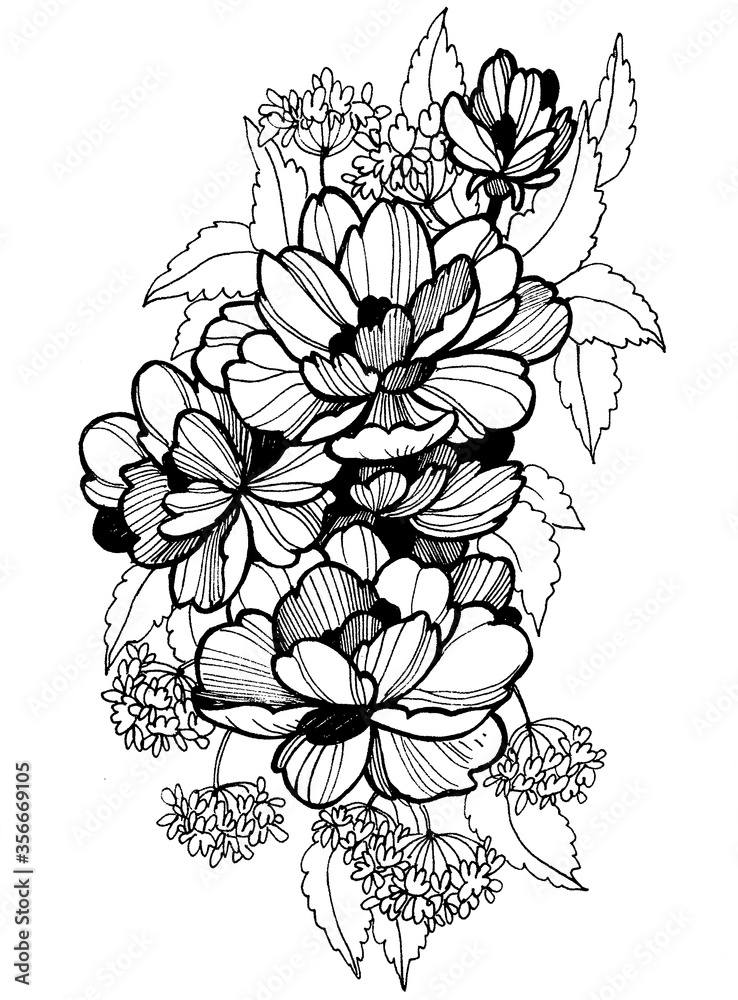 bouquet of different flowers and leaves tattoo sketch on paper