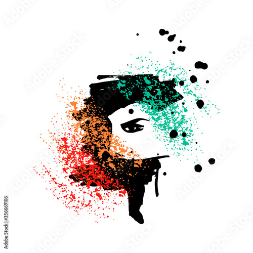 Print for t-shirt or poster. Vector illustration. abstracton Hand drawing a female face, brush strokes and paint splashes. Bright summer print. Vector 10 EPS