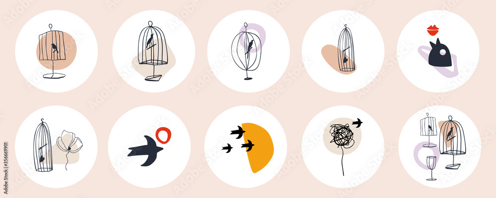 Set of various abstract highlight cover stories for Instagram. Round icons for social media in pastel colors. Hand drawing of birds, birdcages, bottles, glasses and shapes Set of various abstract highlight cover stories for Instagram. Round icons for social media in pastel colors. Hand drawing of birds, birdcages, bottles, glasses and shapes