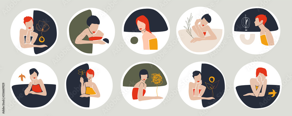 Set of various abstract highlight cover stories for Instagram. Round icons for social media in pastel colors. Hand drawing of women,birds, birdcages, bottles, glasses and shapes