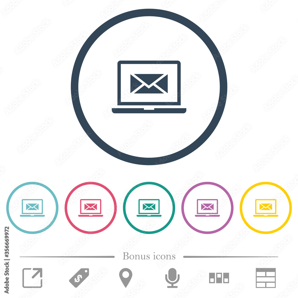 Laptop with mail symbol flat color icons in round outlines Laptop with mail symbol flat color icons in round outlines