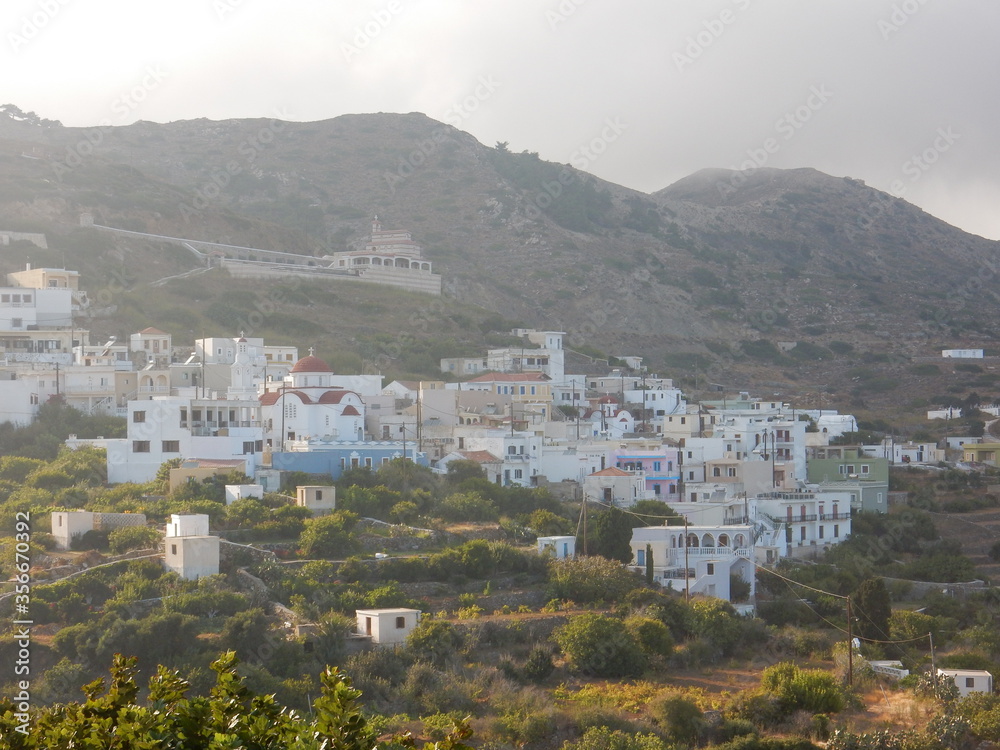 the small village of Spoa perched on a mountain, Karpathos island, Greece