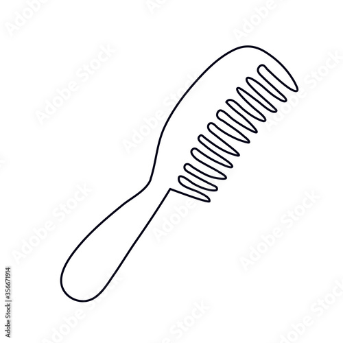 Flat comb hairwith handle in doodle style. Isolated outline. Hand drawn vector illustration in black ink on white background.