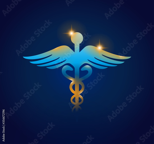 Caduceus symbol on dark blue background  - medical center, pharmacy, hospital with popular sign of medicine - vector concept