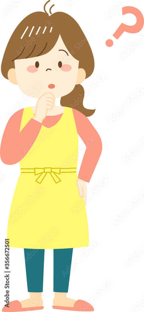 Thinking young woman in yellow apron with question mark Thinking young woman in yellow apron with question mark
