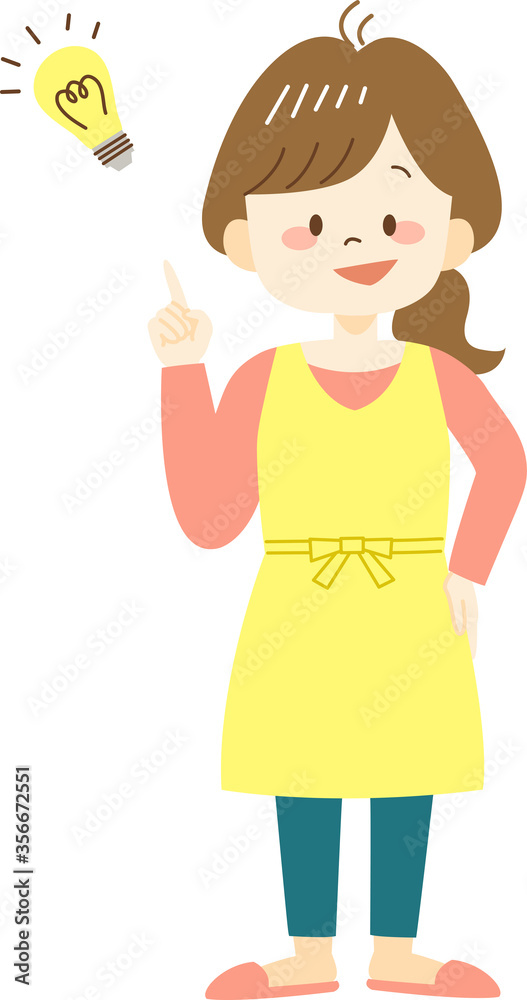 Young woman in yellow apron thinking idea with light Young woman in yellow apron thinking idea with light