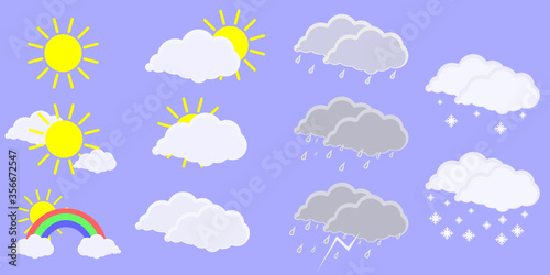 weather icon set.sunny, clear, partly cloudy, rainbow, cloudy, rain, thunderstorm.Vector illustration of weather