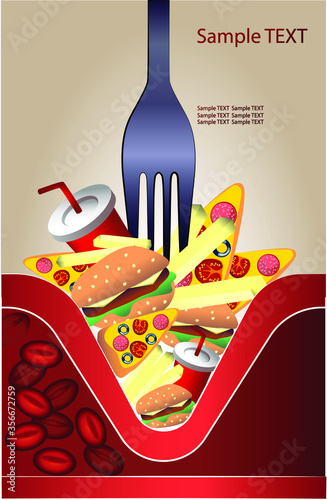 Blocked blood vessel - artery with cholesterol buildup realistic vector illustration isolated background. Blood vessel is blocked by hamburger and fast food. Web banner template for your website