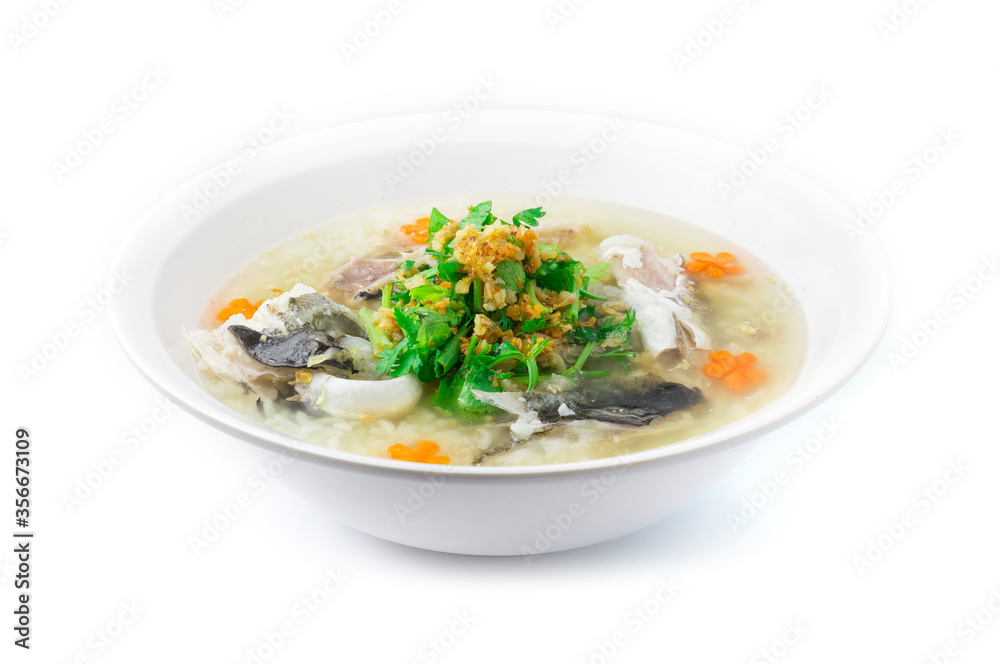 Rice Porridge boiled with Head of Asian Seabass fish Rice Porridge boiled with Head of Asian Seabass fish
