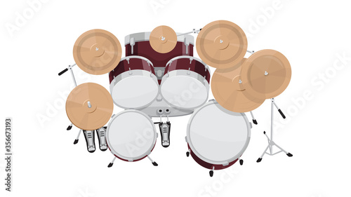 Tableau sur Toile Drum kit top view on white background, flat style vector illustration