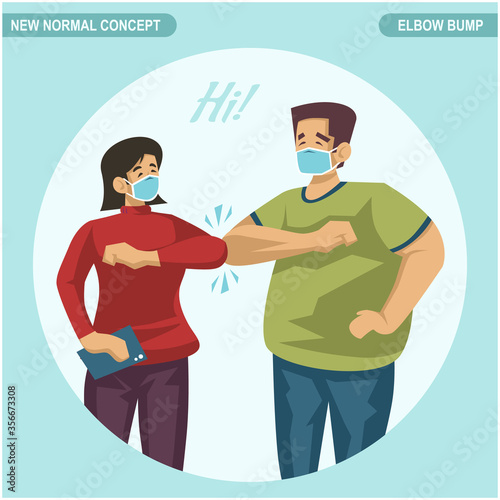 New normal concept. Elbow bump greeting instead of greeting with hug or handshake to avoid the spread of  COVID19 Coronavirus. Scalable and editable vector illustration.