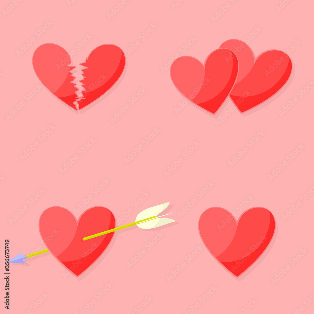 icons set of hearts.Collection of four icons of little hearts as a broken heart, a heart pierced by a cupid's arrow, a pair of love hearts and one lone heart.Vector illustration