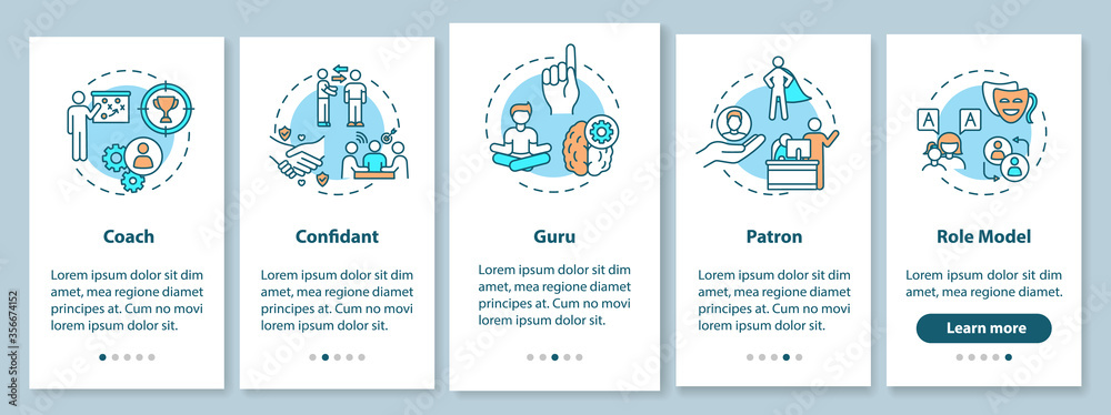 Role model types onboarding mobile app page screen with concepts. Leadership for student guidance walkthrough 5 steps graphic instructions. UI vector template with RGB color illustrations