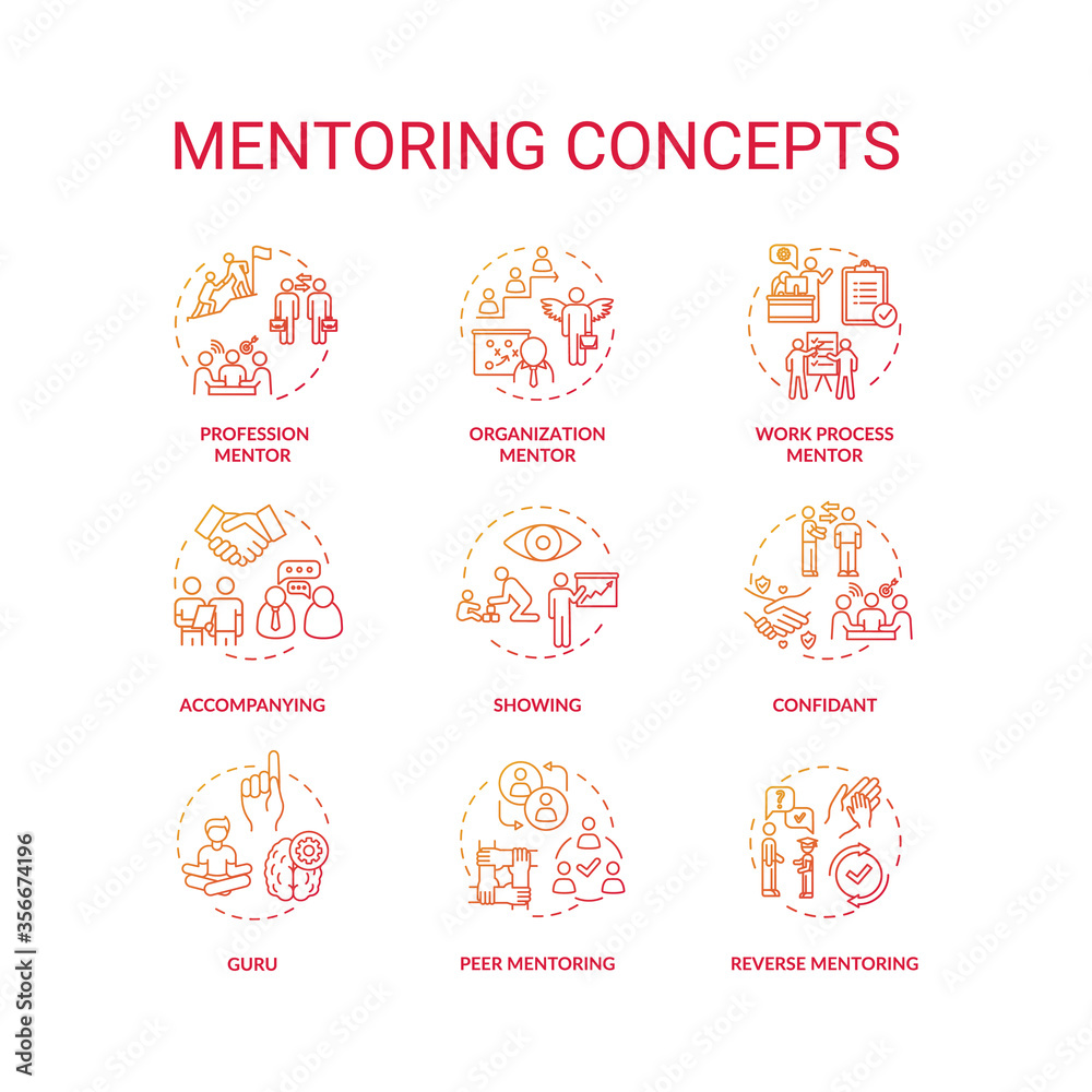 Fototapeta premium Mentoring concept icons set. Personal and professional growth idea thin line RGB color illustrations. Skills development help, knowledge sharing. Vector isolated outline drawings