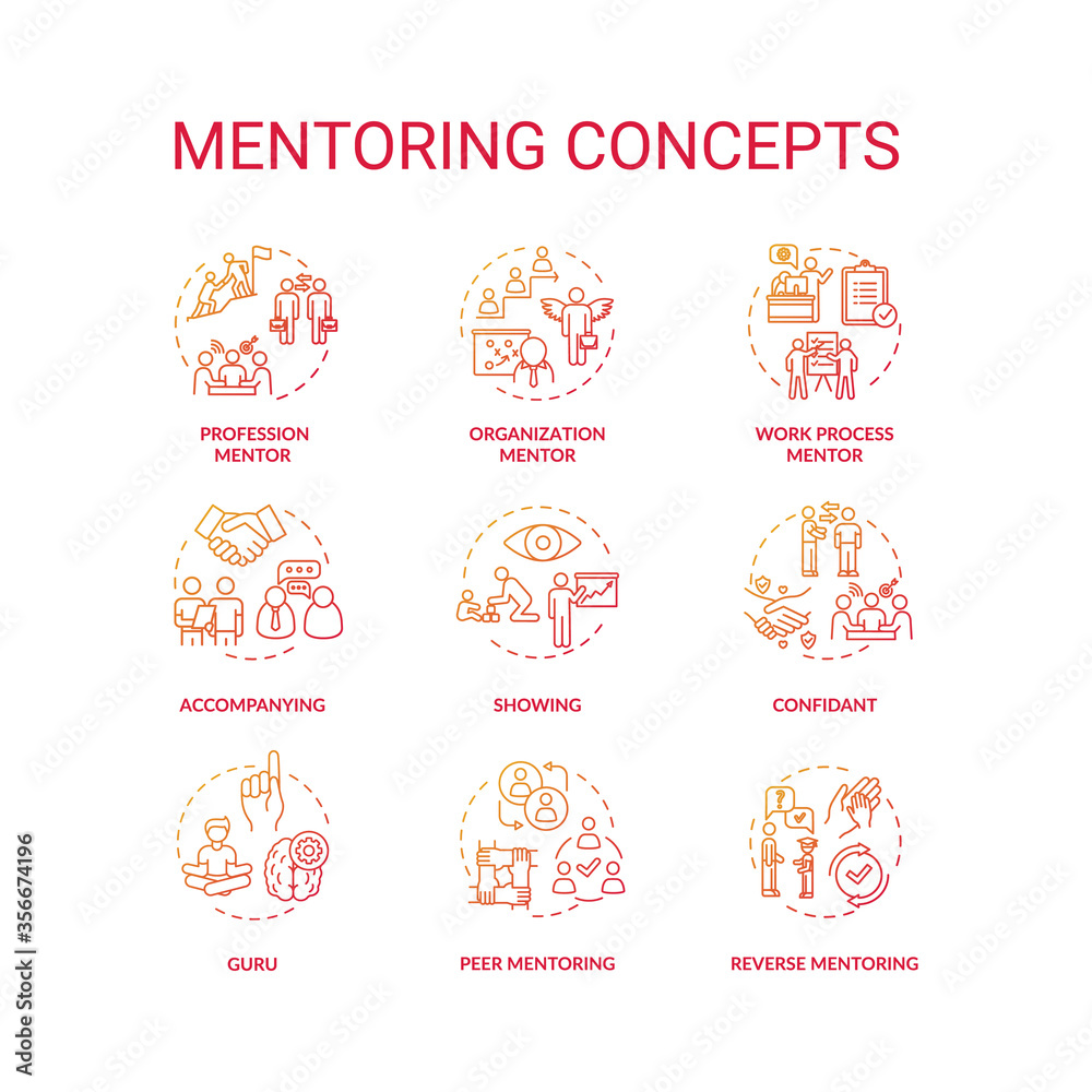 Mentoring concept icons set. Personal and professional growth idea thin line RGB color illustrations. Skills development help, knowledge sharing. Vector isolated outline drawings