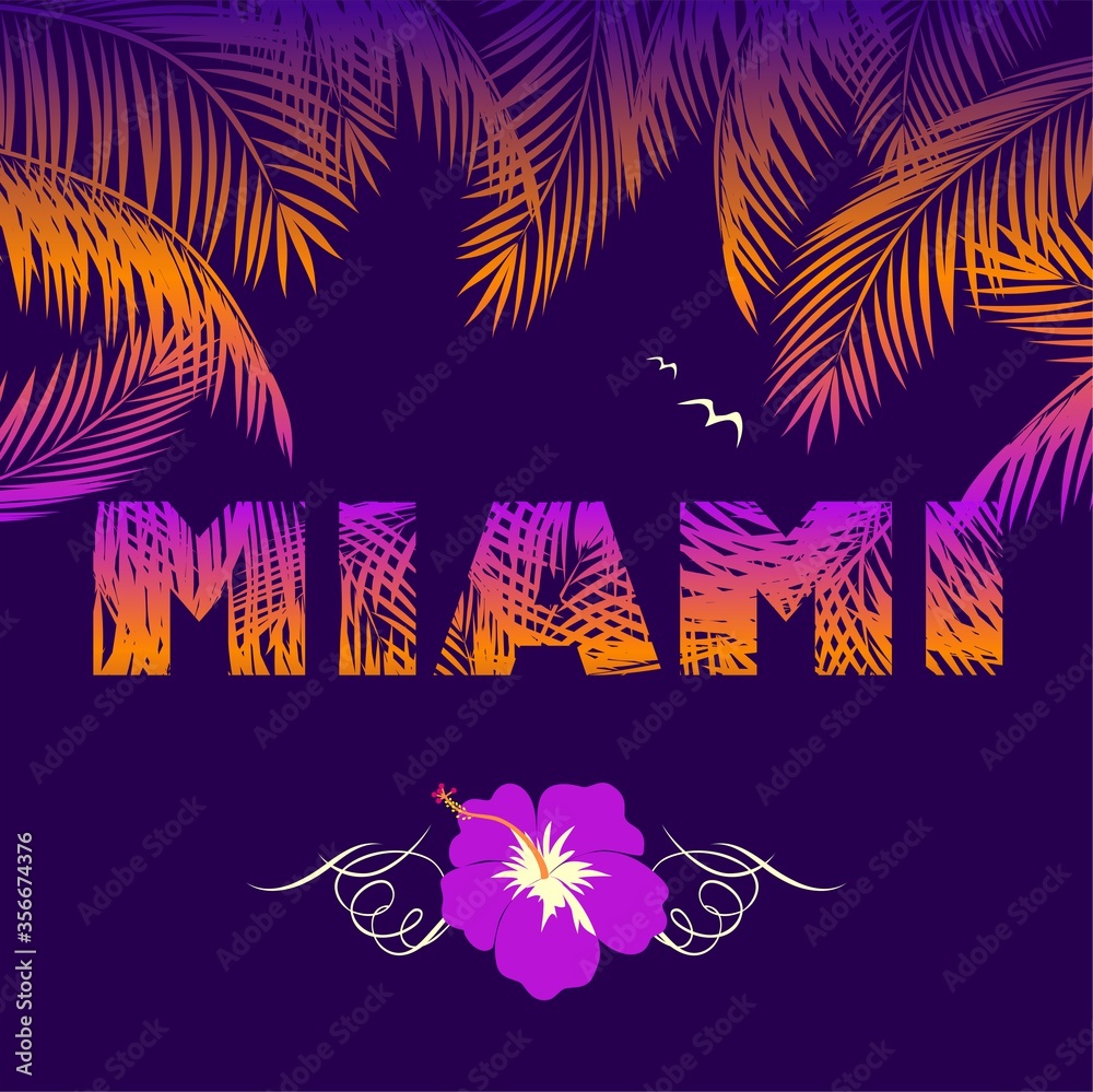 Naklejka premium Night Miami poster with palm trees for fashion design, T shirt and apparel print, typography, beach party