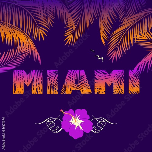 Night Miami poster with palm trees for fashion design, T shirt and apparel print, typography, beach party