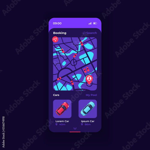 Booking trip smartphone interface vector template. Mobile app page dark blue design layout. Car sharing service screen. Flat UI for application. Taxi navigation. Carpool journey. Phone display