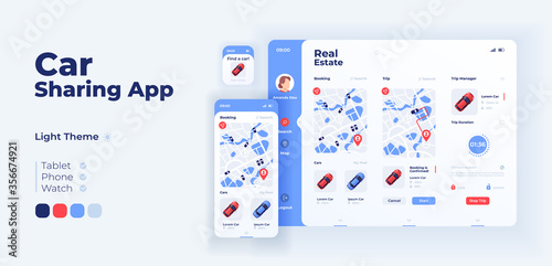Ridesharing app screen vector adaptive design template. Collective trip on taxi. Car sharing application day mode interface with flat characters. Smartphone, tablet, smart watch cartoon UI