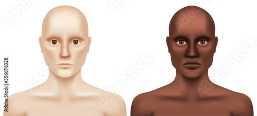 White and black naked hairless men looking at the camera. Caucasian and African-American man without hair and eye brows, isolated on white background. Leukemia or cancer patient vector illustration.
