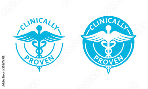 Clinically proven marking or sticker with caduceus symbol - pharmaceutical medical tested product - vector icon photo
