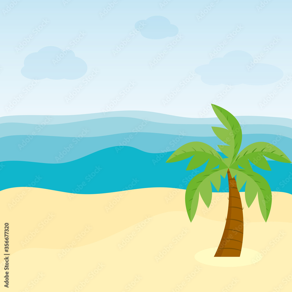 Tropical background with sea, sand and palm. Sea or ocean view from the beach. An island in the ocean with a palm tree. Flat style vector illustration.