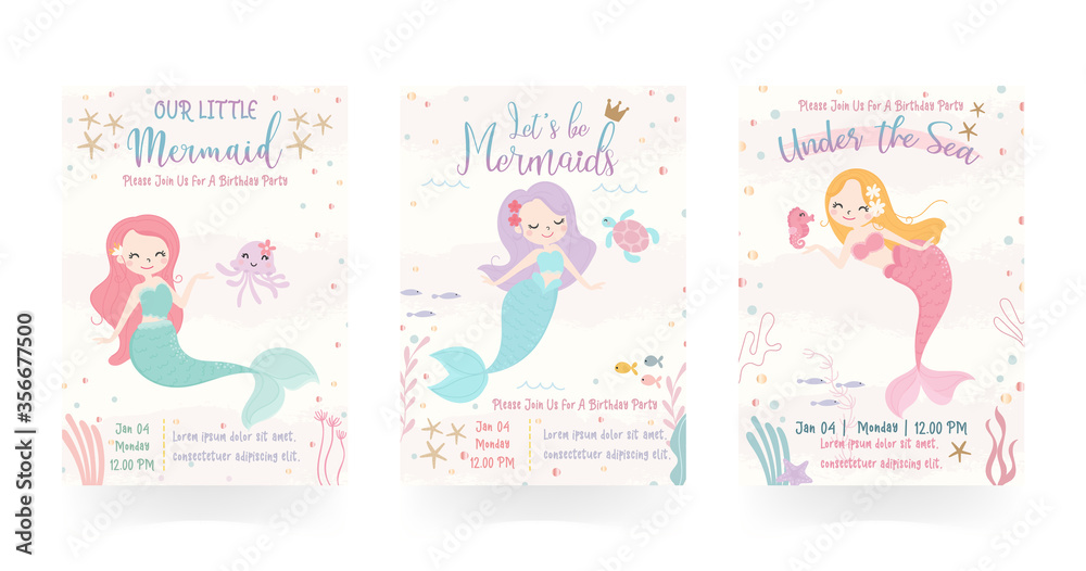 Set of cute mermaid theme birthday party invitation card vector illustration.