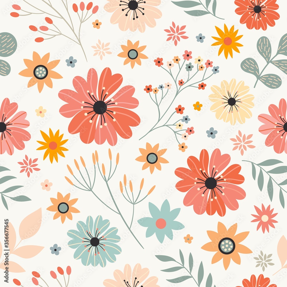 Seamless pattern with flowers, pastel colors