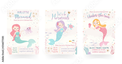 Set of cute mermaid theme birthday party invitation card vector illustration. © VectorBoyZ