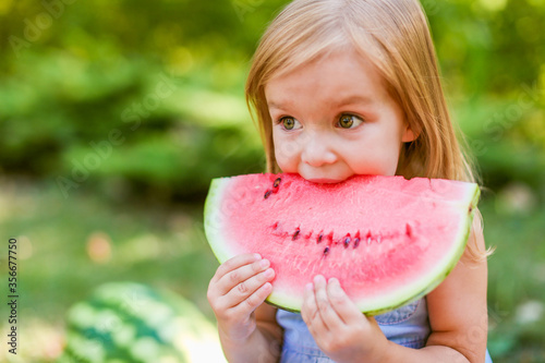 Child eating watermelon in the garden. Kids eat fruit outdoors. Healthy snack for children. 2 years old girl enjoying watermelon.