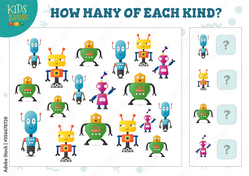 How many of each kind cartoon robot kids counting game vector illustration How many of each kind cartoon robot kids counting game vector illustration