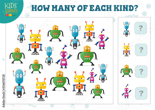 How many of each kind cartoon robot kids counting game vector illustration