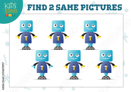 Find two same pictures kids puzzle vector illustration.