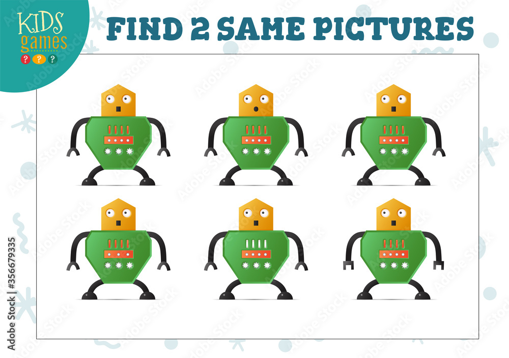 Find two same pictures kids game vector illustration. Find two same pictures kids game vector illustration.