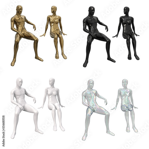 Set of female and male figure in a sitting pose. Plastic mannequin for clothes for display cases of white, black, metallic gold, glass transparent color. 3d illustration.