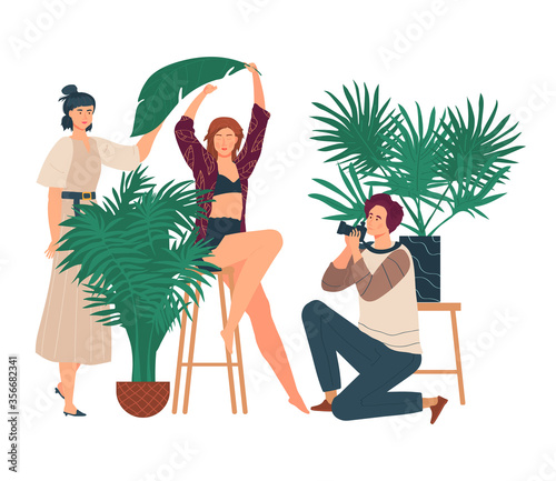 Photo studio vector illustration. Cartoon flat man photographer taking picture with beautiful young woman, girl posing with tropical tree leaf among plants pots. Exotic photosession isolated on white