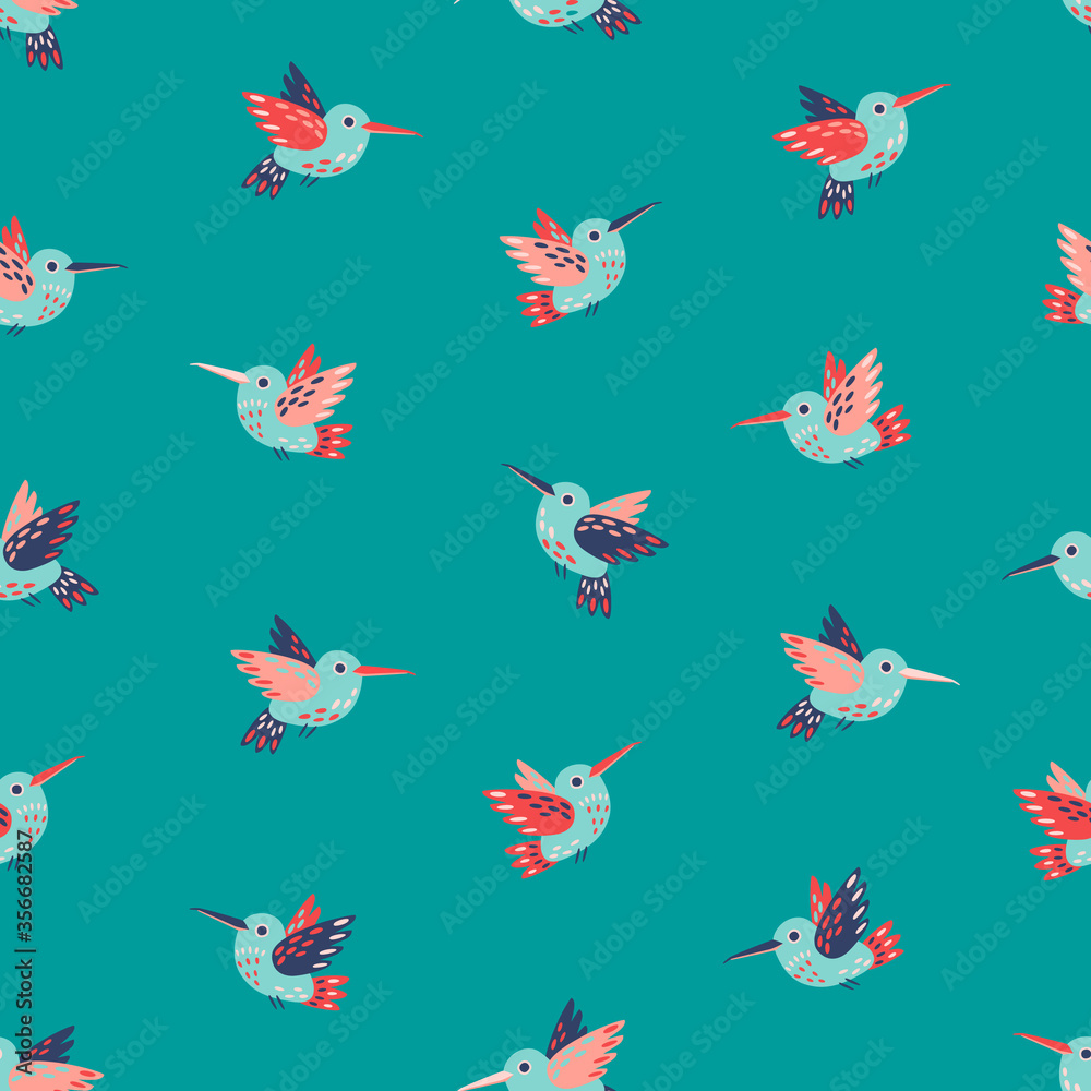Cute hummingbirds seamless vector pattern on teal background. Flying birds, hummingbirds, colibri on turquoise backdrop. Cute hummingbirds seamless vector pattern on teal background. Flying birds, hummingbirds, colibri on turquoise backdrop.